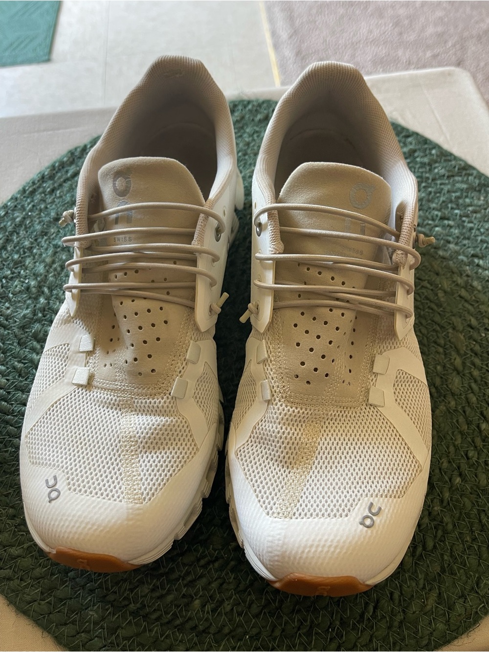 On Running Women’s Cloudrunning Sneakers — White with Tan Accents
